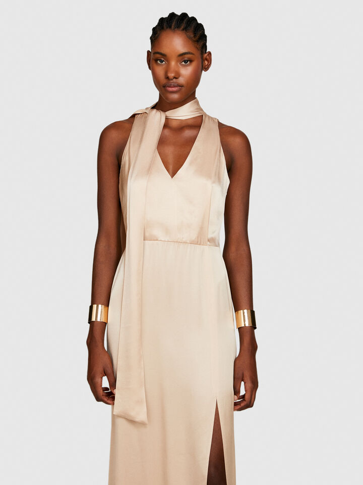 Satin dress with scarf - women's midi dresses - Nude | Sisley image number 4
